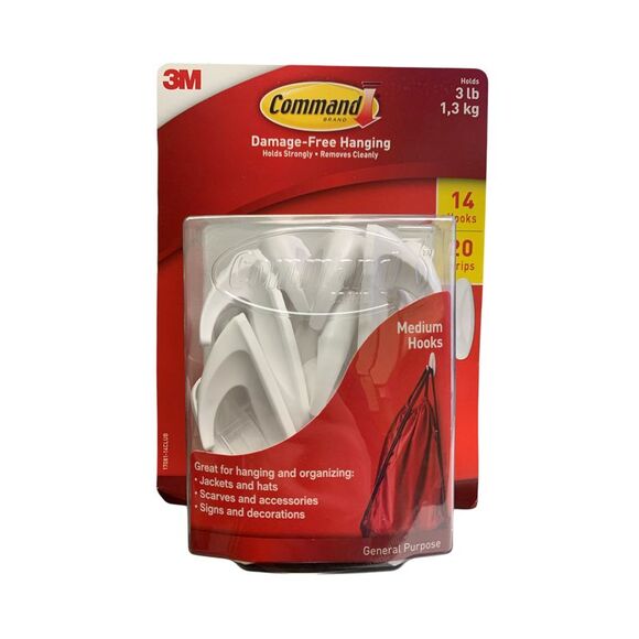 3M Command Brand Medium General Purpose Hooks, White, 14 Hooks & 20 strips, 3lbs - Picture 1 of 2